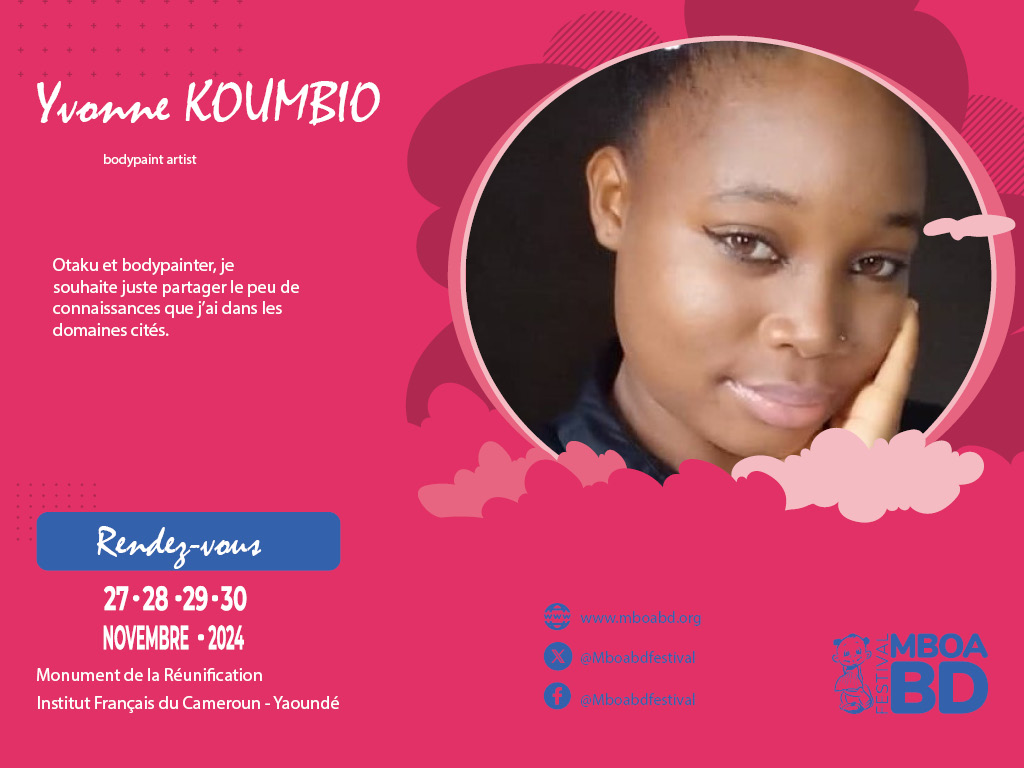 Mboa pep's,

Allons à la rencontre des nos volontaires, ces visages cachées dans la grande machine du comité d'organisation de cette 15e édition:

Mandji Florinda, notre Minga loin des contes,
Russel Fonkou, le kirikou de la Logistique,
Yvonne Koumbio, la fée peinture.

#mboabd15