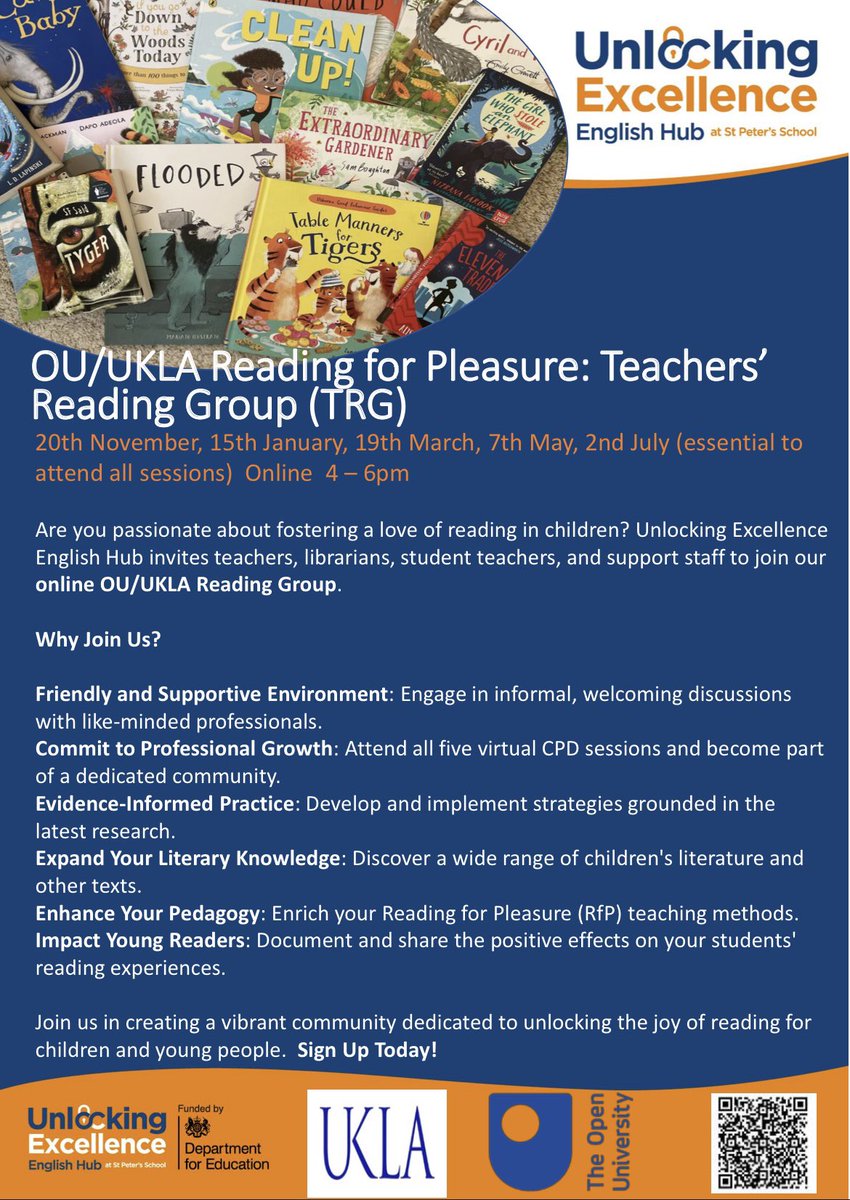 ‘Reading for Pleasure is the single most important indicator of a child’s future success.’ (OECD, 2002) 

Interested in fostering a love of reading in your pupils? If yes, then join us! Bookings close this Monday! 

More info👇

🔗 forms.office.com/e/7YzsKtXj5p