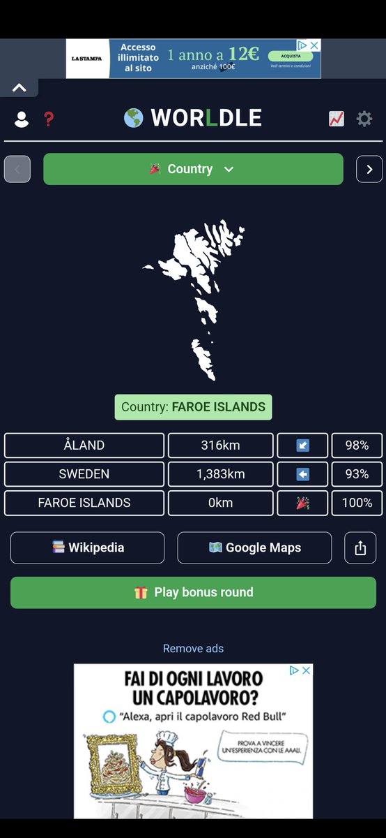 Dataico's tweet photo. @Worldle_Game how is Åland closer to Faroe Islands than Sweden? https://t.co/6E3p9mjafS