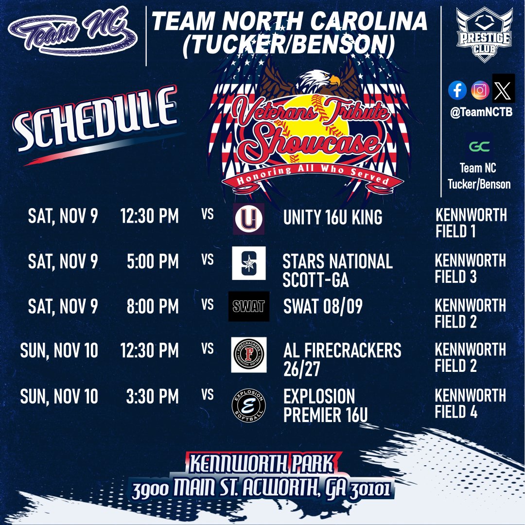 Team North Carolina (Tucker/Benson) (@teamnctb) on Twitter photo With only two events remaining on our Fall schedule, we will be in Acworth, GA this weekend for the Veterans Tribute Showcase! Hope to see you there!
<a href="/TeamNCSoftball/">Team North Carolina Softball</a> With only two events remaining on our Fall schedule, we will be in Acworth, GA this weekend for the Veterans Tribute Showcase! Hope to see you there!
<a href="/TeamNCSoftball/">Team North Carolina Softball</a>