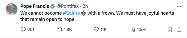 benbainbridge's tweet photo. I don't think he realizes the hashtag game.  But as a #Saints fan...I'm not against it.  It makes me smile each time. Joyful heart indeed. https://t.co/dsnBdGsX1L