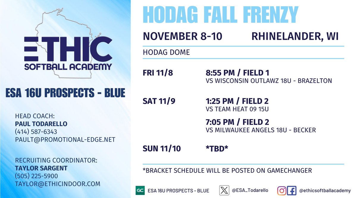 ESA 16U Prospects - Blue (@esa_todarello) on Twitter photo Game Schedule for this weekend's tournament in 📍Rhinelander, WI!!
<a href="/GSwiezynski/">Grace Swiezynski</a> <a href="/paytonthiese/">Payton Thiesenhusen</a> <a href="/Kennedyb2727/">Kennedy Bennett</a> <a href="/LexiTodarello/">Lexi Todarello</a> <a href="/madilynmismash/">madilyn mismash</a> Game Schedule for this weekend's tournament in 📍Rhinelander, WI!!
<a href="/GSwiezynski/">Grace Swiezynski</a> <a href="/paytonthiese/">Payton Thiesenhusen</a> <a href="/Kennedyb2727/">Kennedy Bennett</a> <a href="/LexiTodarello/">Lexi Todarello</a> <a href="/madilynmismash/">madilyn mismash</a>