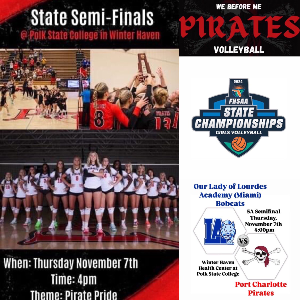 PCHSPiratesVB's tweet photo. The #RoadToWinterHaven has arrived! See you there #PCPirateNation!
☠️🏐🚩🏴☠️
#RedAndBlackAttack
#FHSAA 5A Semifinal
Vs Our Lady of Lourdes Academy (Miami)
4:00pm
Winter Haven Health Center at Polk State College https://t.co/dHzhBs4Qrj