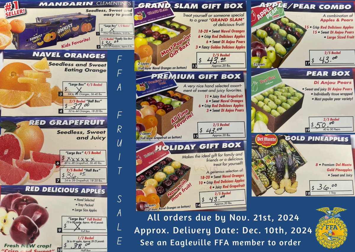 EaglevilleFFA's tweet photo. It is Fruit Sale time!! See an Eagleville FFA member to order. All orders are due by Nov. 21st! https://t.co/pOSS9q1pbW