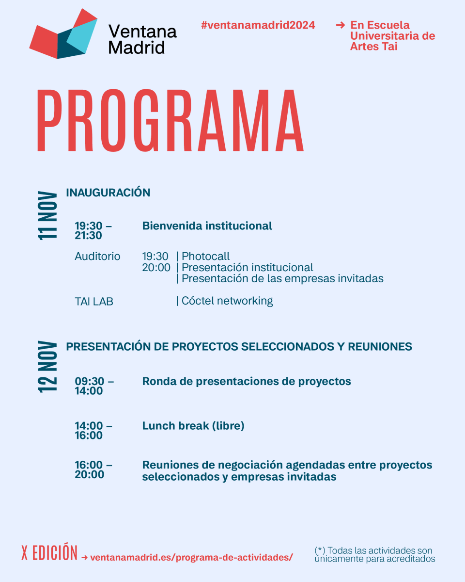 AMA_audiovisual's tweet photo. Ya estamos de cuenta atrás para #ventanamadrid2024.
💥 Un foro clave para el desarrollo y la financiación de proyectos audiovisuales con sede o vínculo especial con la Comunidad de Madrid.
¡La semana que viene!
📌 Del 11 al 13 de noviembre en @escuelatai
Serán tres días de actividad y #networking con el objetivo de facilitar la coproducción con empresas y profesionales de otras áreas geográficas.
Revisa la programación también en https://t.co/qqX16XmeoM
#ventanamadrid2024 está organizada por
@AMA_audiovisual en colaboración con
@ComunidadMadrid, @MADRID y con el apoyo de
@escuelatai, @PiafProductoras, @EGEDA_Comunica
,@clusterav_MAD, @Filmio_Official, @ARwallco, @terrea_es y @universidadcjc