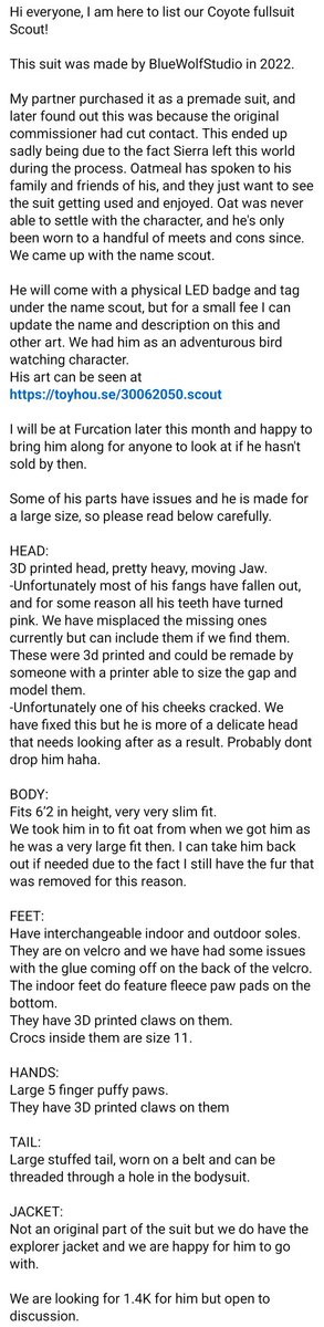 Aspen_Husky's tweet image. Hey everyone, I'm helping @OatmealDonk sell one of his suits, scout the coyote!
Please see the first image for details and feel free to message me if interested 💖