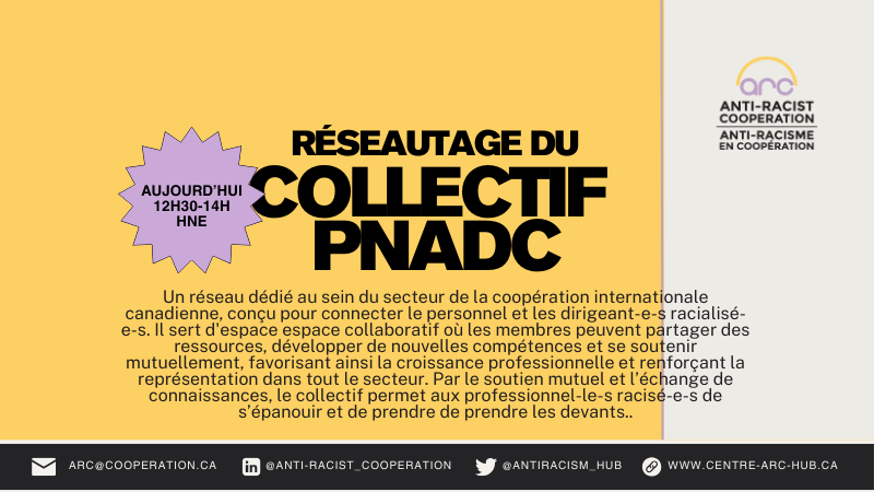 Que vous soyez un-e leader émergent-e, un-e professionnel-le chevronné-e, un-e consultant-e ou un-e bénévole, le Collectif de Réseautage PNADC est conçu pour vous!
Rejoignez cet espace dédié aux professionnel-le-s BIPOC AUJOURD'HUI à 12h30! Inscrivez-vous: centre-arc-hub.ca/fr/event/colle…
