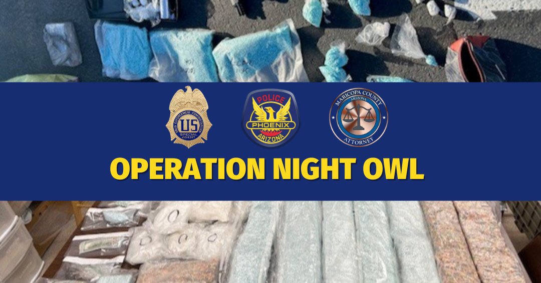 PhoenixPolice's tweet image. Phoenix PD and federal partners dismantle an international drug ring, seizing 2M+ fentanyl pills, meth, heroin, cash, guns, and 12 vehicles in Operation Night Owl. Read more on Operation Night Owl here: phoenix.gov/policesite/Med…

#PHXPD