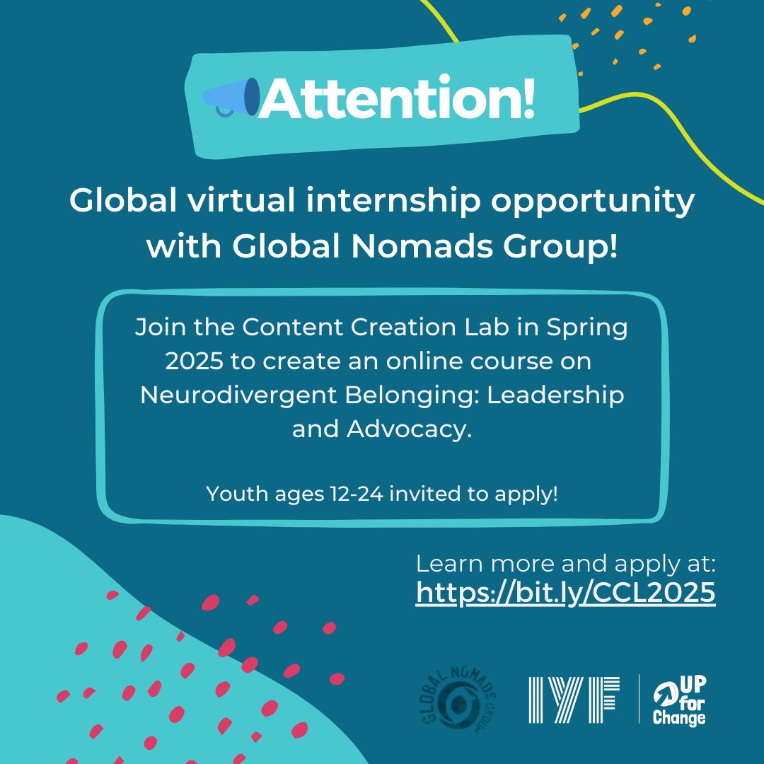 IYF (@iyftweets) on Twitter photo 📣 Young changemakers!
Apply for a paid Spring 2025 virtual internship with Global Nomads Group to create an online course on Neurodivergent Belonging. Ages 12-24 with conversational English welcome!
🔗 Learn more: bit.ly/CCL2025 | Questions? katie@gng.org 📣 Young changemakers!
Apply for a paid Spring 2025 virtual internship with Global Nomads Group to create an online course on Neurodivergent Belonging. Ages 12-24 with conversational English welcome!
đź”— Learn more: bit.ly/CCL2025 | Questions? katie@gng.org