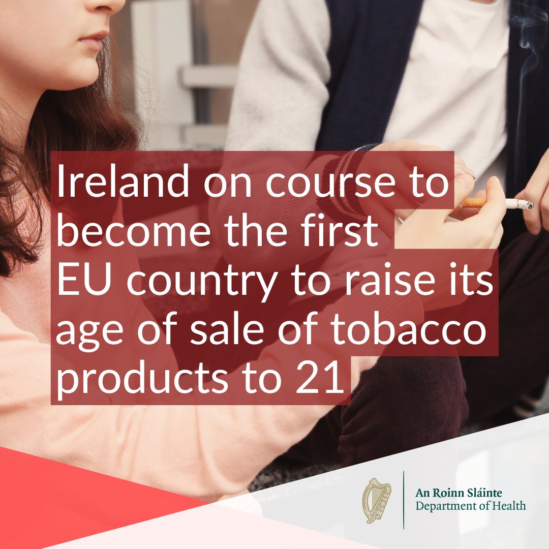 Department of Health (@roinnslainte) on Twitter photo Minister <a href="/DonnellyStephen/">Stephen Donnelly</a> announces the passing of the Public Health (Tobacco) (Amendment) Bill 2024 by both Houses of the Oireachtas. The Bill will increase the minimum legal age of the sale of tobacco products to 21 years of age.
gov.ie/en/press-relea… Minister <a href="/DonnellyStephen/">Stephen Donnelly</a> announces the passing of the Public Health (Tobacco) (Amendment) Bill 2024 by both Houses of the Oireachtas. The Bill will increase the minimum legal age of the sale of tobacco products to 21 years of age.
gov.ie/en/press-relea…