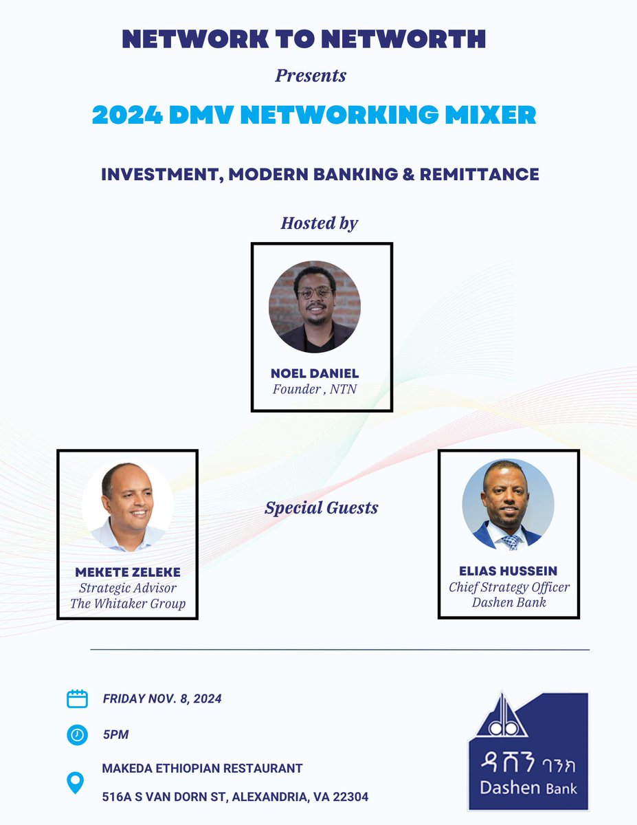 Please join us tomorrow for a unique social networking &amp; knowledge sharing experience with our esteemed panelists Elias Hussein &amp; Mekete Zeleke. Sponsored by <a href="/BankDashen/">Dashen Bank</a>