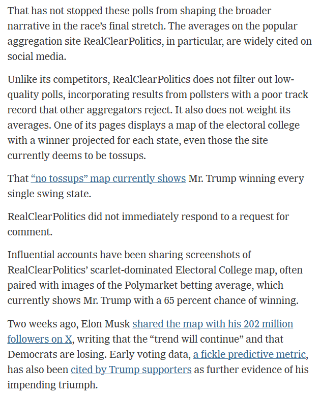 TomBevanRCP's tweet image. 5 days before the election the NY Times ran a story, "Why the Right Thinks Trump Is Running Away With the Race." They meant it as a slam against RCP, @elonmusk and @X, instead it turned out to perfectly describe reality.
