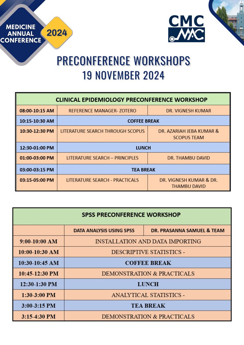 CMCMAC2025's tweet photo. 📅 Level up your skills at the Pre-Conference Workshops on Nov 19 at #CMCMAC2024! 

🔬 #ClinicalEpidemiology: Explore literature search principles

🩺 #POCUS: Hands-on station- based training

📈 Elevate data analysis skills with #SPSS workshop

Have you booked your spot yet?!⌛ https://t.co/wCQFXWdN5V