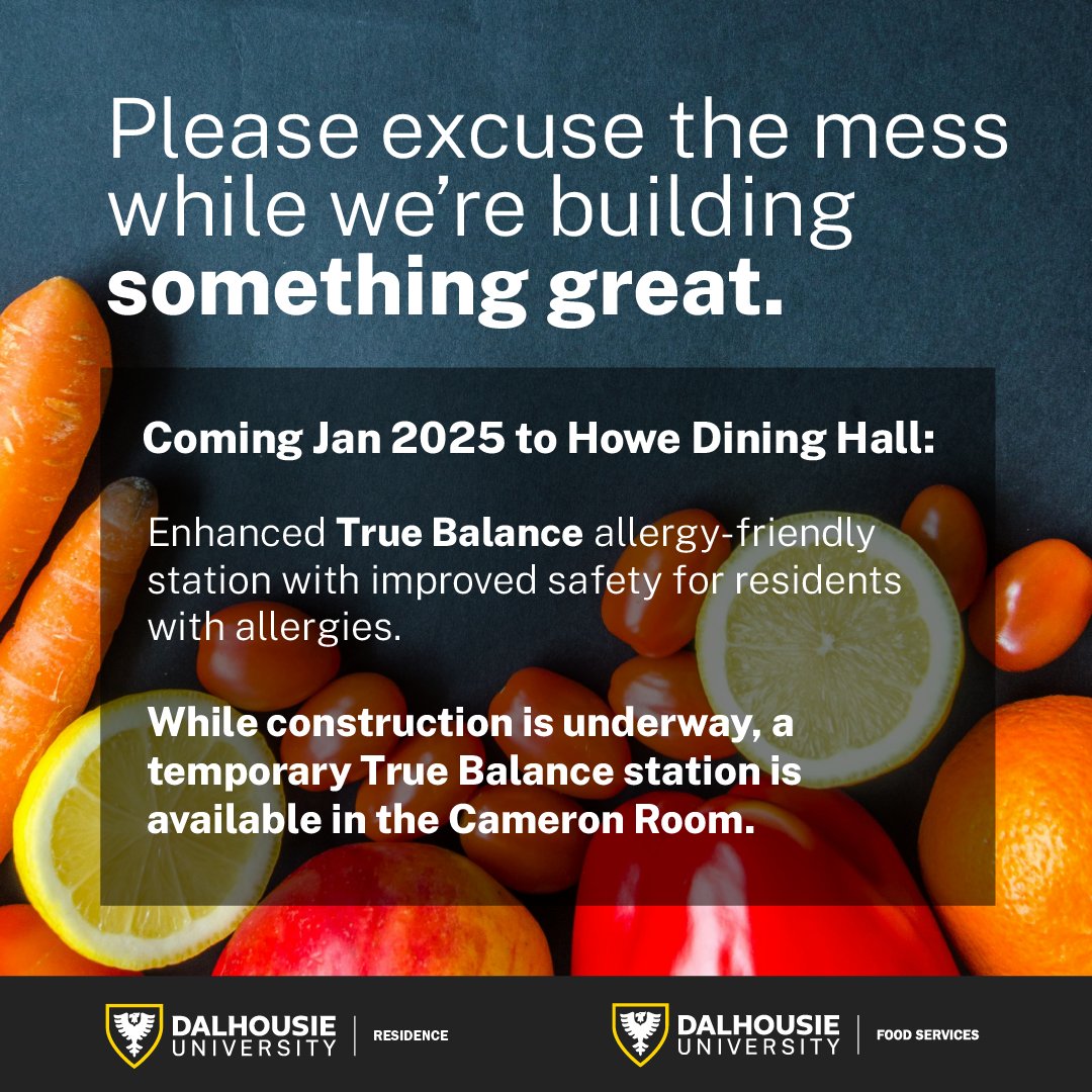 Starting today in Howe Dining Hall - construction will be taking place to enhance our True Balance allergy-friendly station. While this project is underway, please ensure to follow all construction signage!