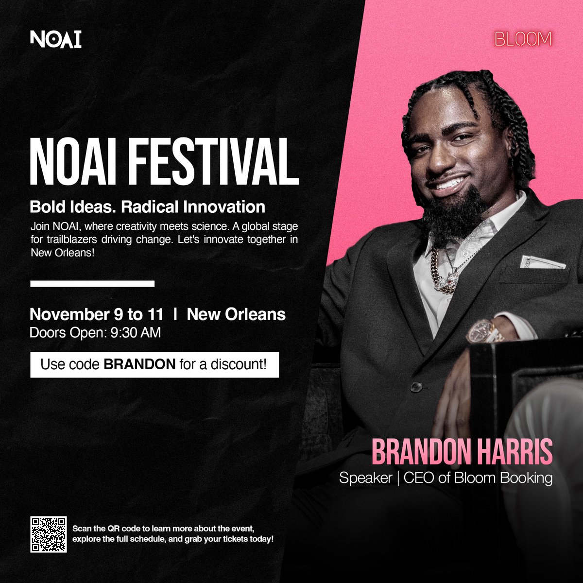 BloomBooking's tweet image. 🚀 Join Us at NOAI Festival 🌟

Excited to announce that Brandon Harris, CEO of Bloom Booking, will be a featured speaker at the NOAI Festival! 

#NOAIFestival #Innovation #BrandonHarris #BloomBooking #Trailblazers #BoldIdeas #NewOrleansEvents #CreativeTech