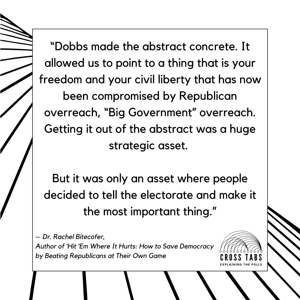 Strategic analyst Dr. Rachel Bitecofer examines how abstract concepts become concrete realities in public discourse. Her insights on messaging and public engagement reveal crucial patterns in social movements: buff.ly/3YPqOrp #CrossTabsPodcast #Strategy #SocialChange
