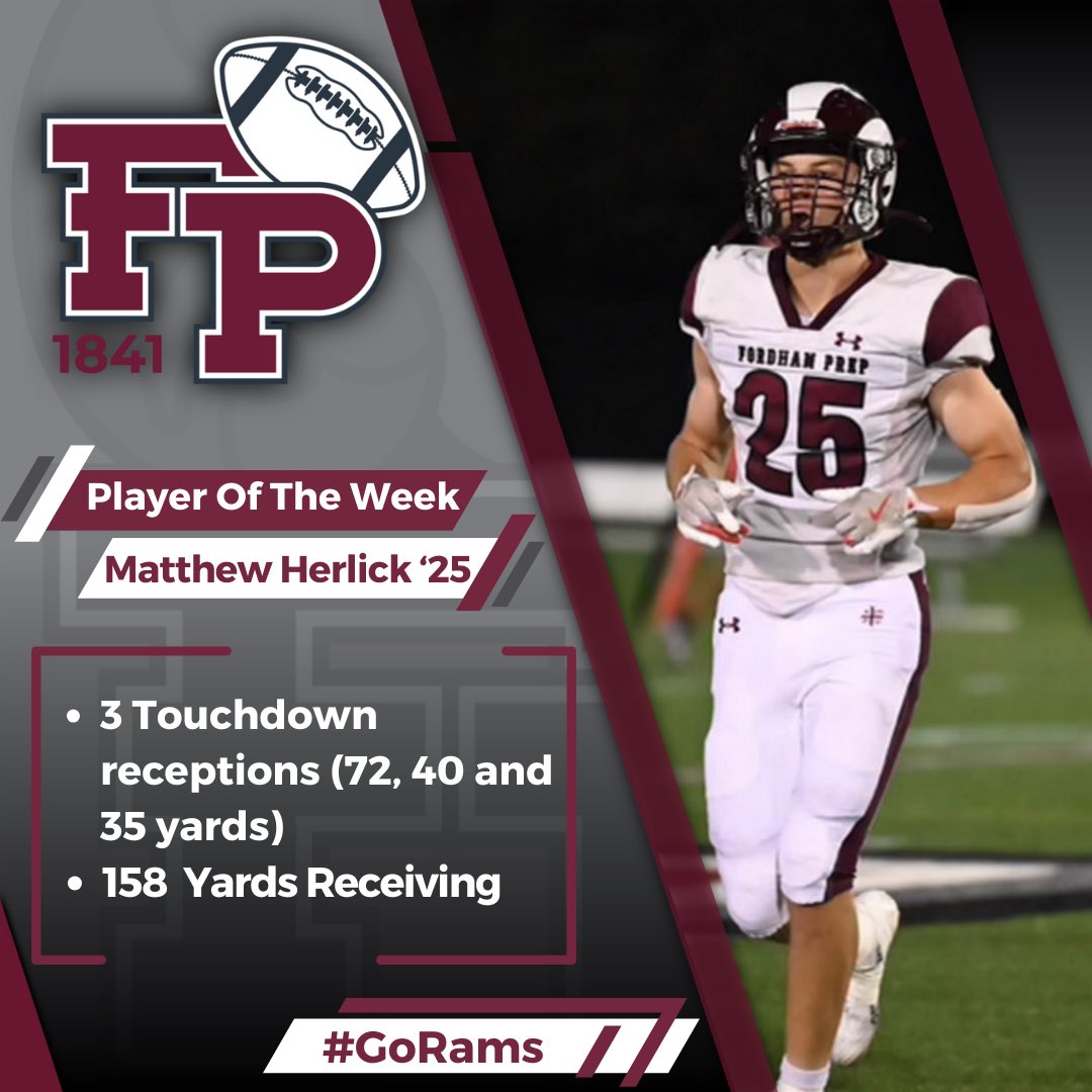 Congratulations Matthew Herlick ‘25 -

Matthew was selected as the @nychsfl Player Of The Week for his performance in @fpramsfootball 28-13 victory over @mountstmichael this past Saturday

Go Rams! 🐏🏈

#AMDG #GoRams #HomeOfChampions