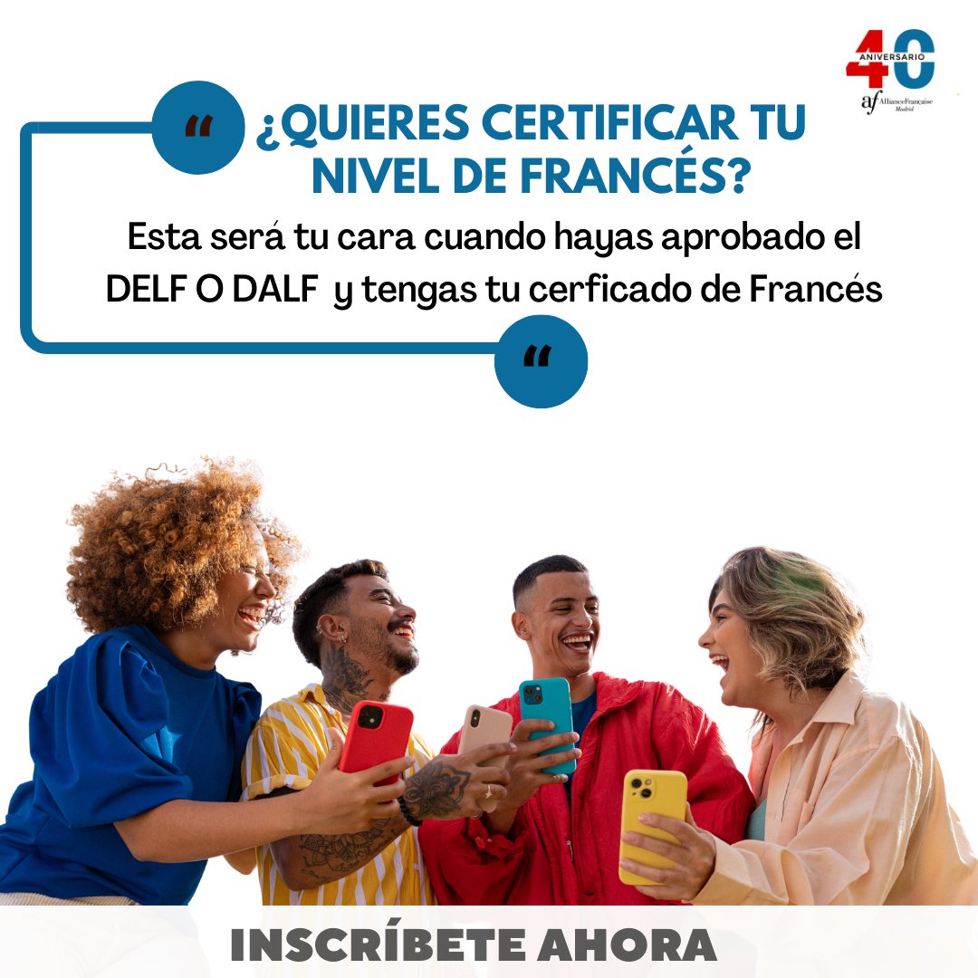 AllianceMadrid's tweet photo. 📜✨ Prepárate para certificar tu nivel de francés y abrir puertas a nivel internacional.

Con nuestro curso de preparación a los exámenes DELF/DALF te aseguras superarlos con éxito.

✍️ https://t.co/9vDCI60keH

#CursoDELF #CursoDALF #CertificaciónFrancés #examenesoficiales https://t.co/jjzqmiOBsu