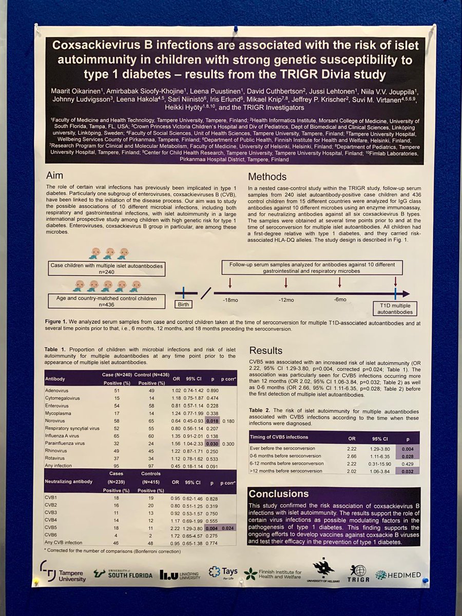 HHyotyLab's tweet image. Maarit Oikarinen representing our team at the #IDS2024 with this poster, further confirming the association of #coxsackieviruses with #type1diabetes islet autoimmunity. #enterovirus #T1D
@ImmDiabSoc