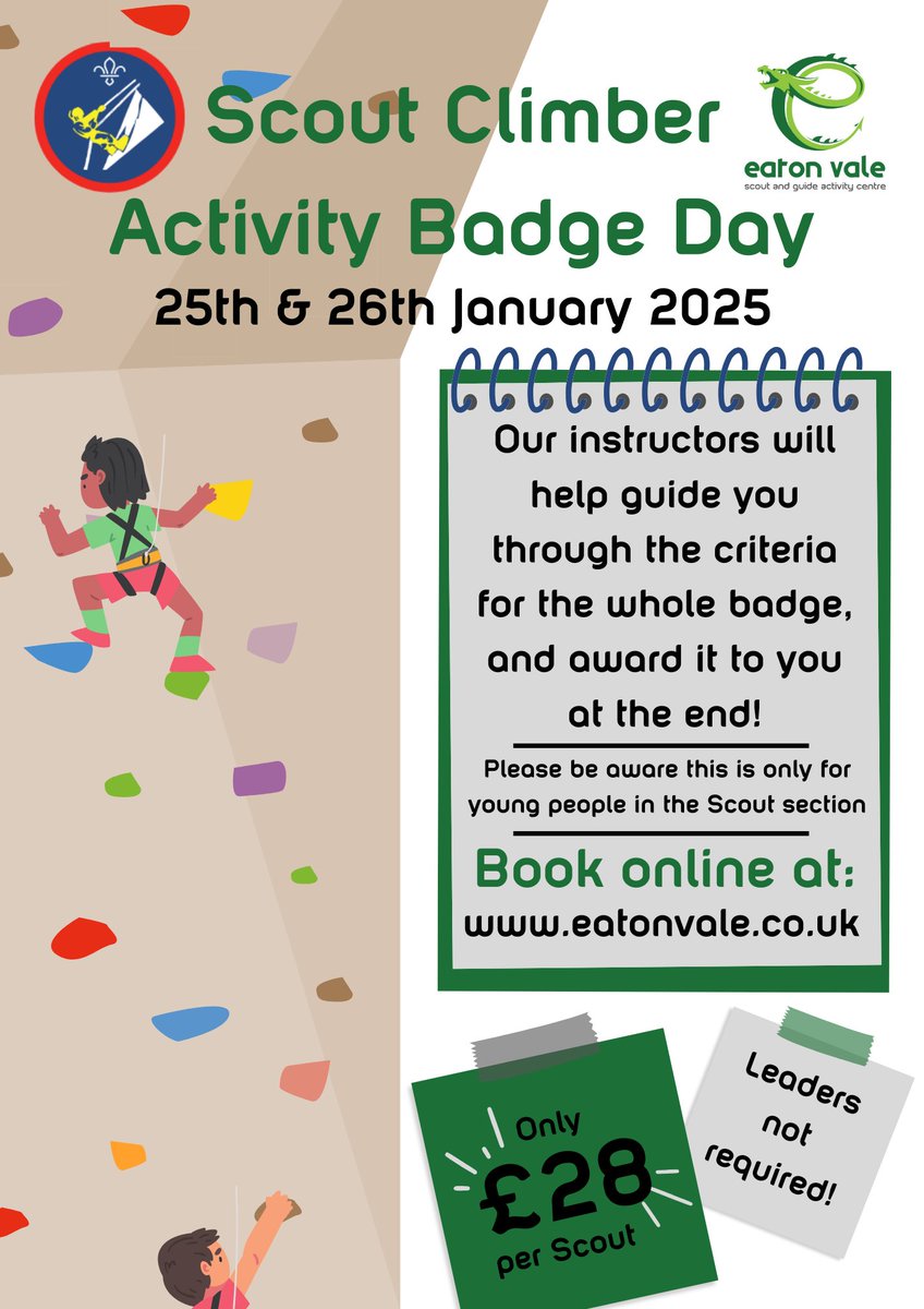 Looking for something for your Scout to do in the new year? Climber badge days are back on 25th and 26th January 2025!

More information (including how to book) can be found here: eatonvale.co.uk/events/scout-b…