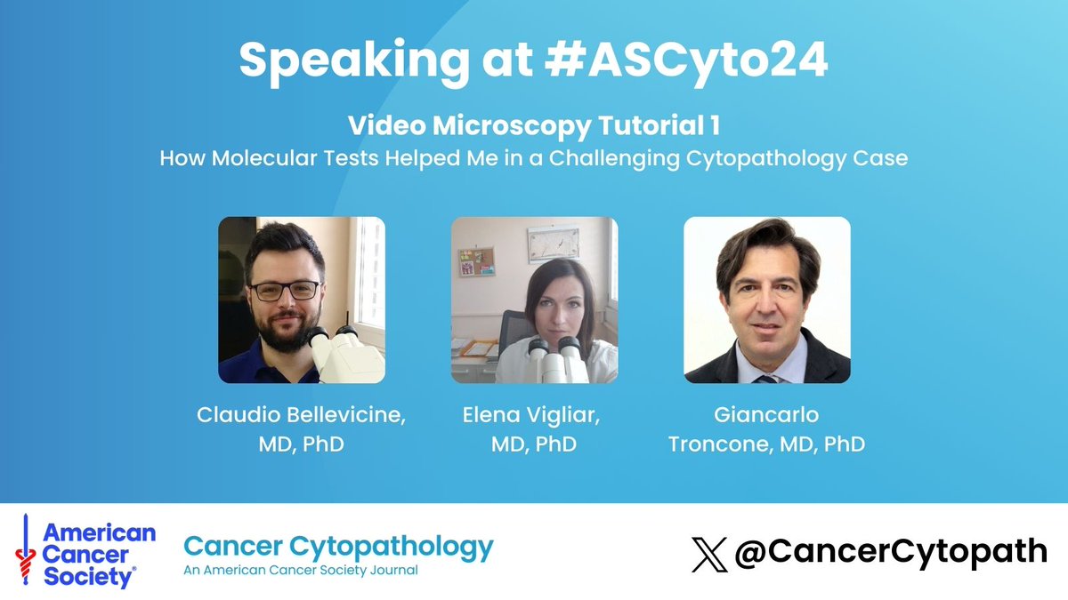 Cancer Cytopathology (@cancercytopath) on Twitter photo At #ASCyto24? Join Cancer Cytopathology EB members Claudio Bellevicine (<a href="/pathologyfinder/">Claudio Bellevicine</a>), Elena Vigliar (<a href="/elena_vigliar/">Elena Vigliar</a>), and Giancarlo Troncone (<a href="/giankitronky/">Giancarlo Troncone</a>) at 10:30am for a Video Microscopy Tutorial to see how molecular tests helped tackle challenging #CytoPath cases. At #ASCyto24? Join Cancer Cytopathology EB members Claudio Bellevicine (<a href="/pathologyfinder/">Claudio Bellevicine</a>), Elena Vigliar (<a href="/elena_vigliar/">Elena Vigliar</a>), and Giancarlo Troncone (<a href="/giankitronky/">Giancarlo Troncone</a>) at 10:30am for a Video Microscopy Tutorial to see how molecular tests helped tackle challenging #CytoPath cases.