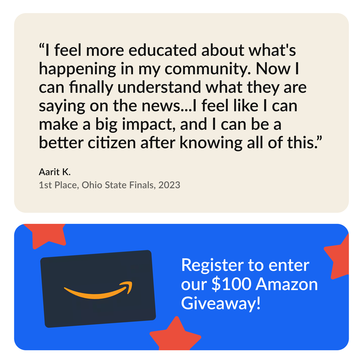 🚨 Don’t Miss This! The 2025 #NationalCivicsBee + $100 Giveaway! 🚨

Parents, this is the perfect chance for your middle schooler to step up, solve real-world problems, and grow as a leader. 🏛️💡

🎁 Bonus: We’re giving away a $100 Amazon Gift Card to one lucky student who