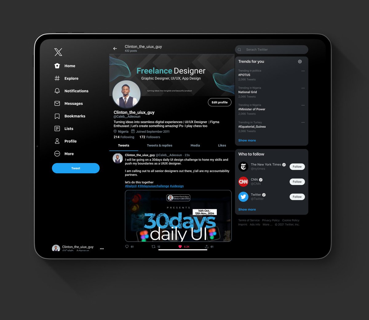 Caleb__Adeosun's tweet image. Day 25 of My 30-Day UI Challenge! 🐦

Today’s design: a Twitter-Web Profile Replica that brings the familiar feed, and streamlined navigation to life! 

What’s the feature you appreciate most about Twitter’s UI? Let me know in the comments! 👇

#Day25 #dailyui #TwitterUI