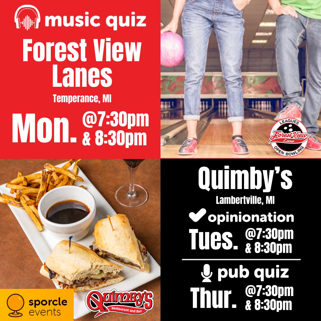 Get ready for some brainy fun! Join us for Trivia at Forest View on Mondays!  Bring your friends or come solo! Don’t miss out on the fun—it's the perfect way to kick off your week! 🧠🍔🍻”

#CheckOutQuimbys #OpinionationTuesdaysAtQuimbys #PubQuiz