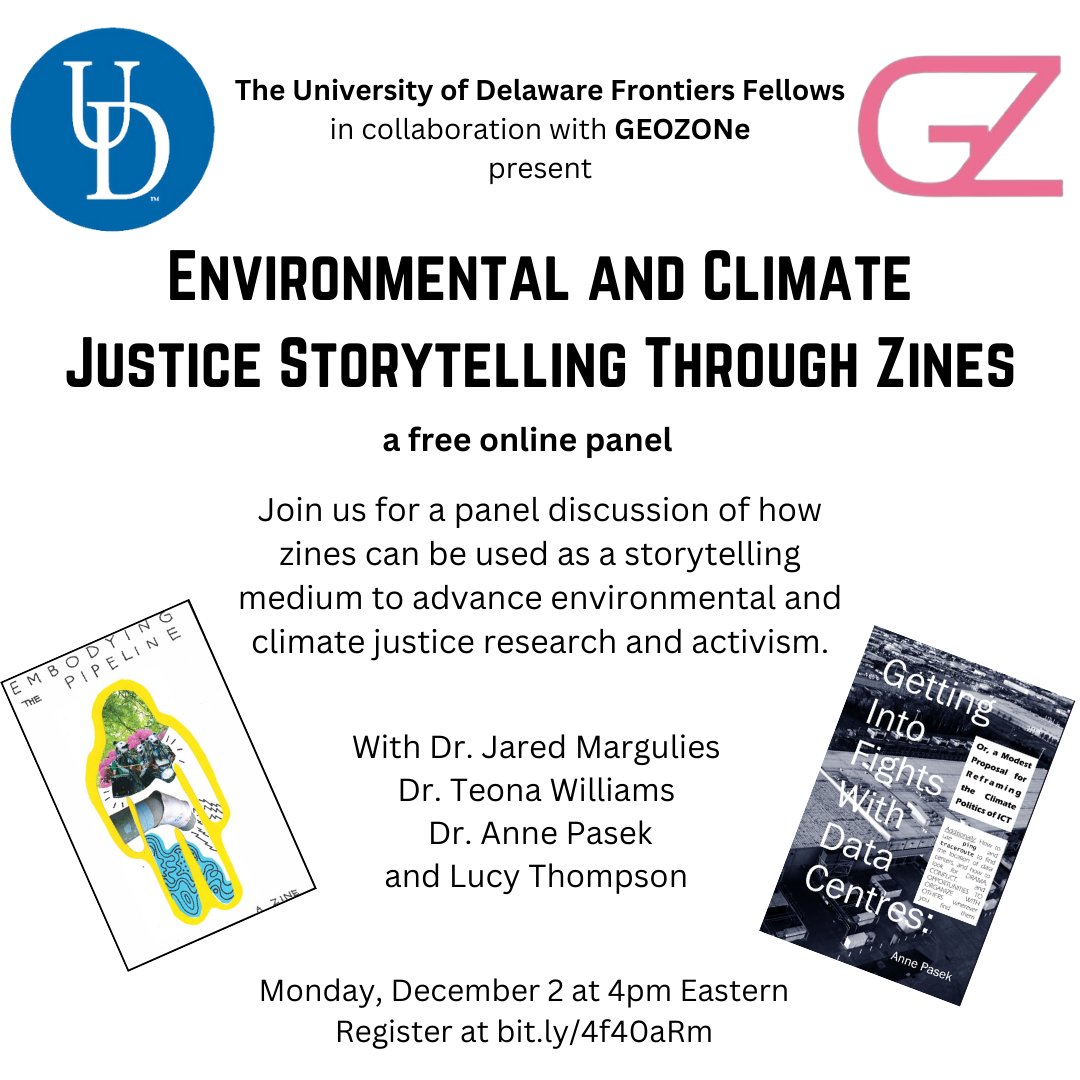 Are you interested in environmental &amp; climate justice? Join us for a fun &amp; creative panel on "EJ/CJ Storytelling Thru Zines!" 12/2 at 4pm Eastern. Four panelists will share how they use zines in their EJ/CJ research and activism! Register at: bit.ly/4f40aRm