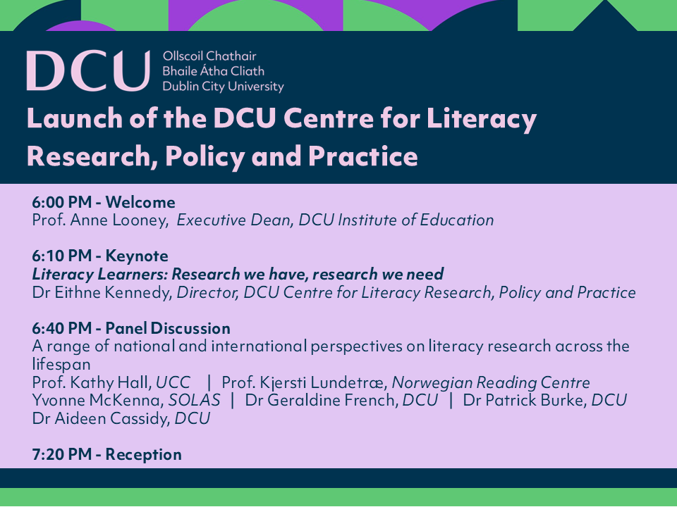 DCU Institute of Education (@dcu_ioe) on Twitter photo We are thrilled to announce the establishment of the <a href="/DCU/">Dublin City University</a> Centre for Literacy Research, Policy and Practice.
Join us for the launch!
📍DCU St Patrick's Campus, Eileen Randles Lecture Theatre (E223)
🗓️6:00PM – Tuesday 19 November, 2024
Registration: tinyurl.com/nh877w4p We are thrilled to announce the establishment of the <a href="/DCU/">Dublin City University</a> Centre for Literacy Research, Policy and Practice.
Join us for the launch!
📍DCU St Patrick's Campus, Eileen Randles Lecture Theatre (E223)
🗓️6:00PM – Tuesday 19 November, 2024
Registration: tinyurl.com/nh877w4p