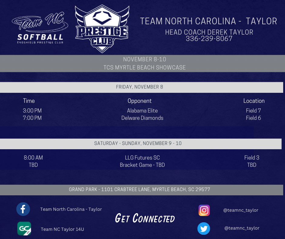 We close out our season this weekend in Myrtle Beach at the <a href="/triplecrownspts/">Triple Crown Sports</a> Myrtle Beach Showcase. Games start tomorrow at 3:00pm. We hope to see you there. Can’t make it?  Request to be a family member of Fan Video Access on GC to follow along. #teamnctaylor <a href="/TeamNCSoftball/">Team North Carolina Softball</a>