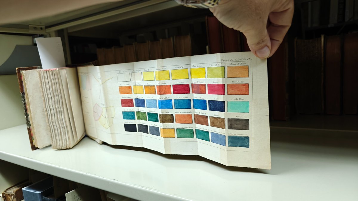 DrKarrSchmidt's tweet image. Emergency Endpapers!
Maybe leaving here, so how about something cheerful?
This improbably colorful modern intervention is decorating a 19th c. coloring manual @NewberryLibrary!(Case N7432.7 .B53 1856)