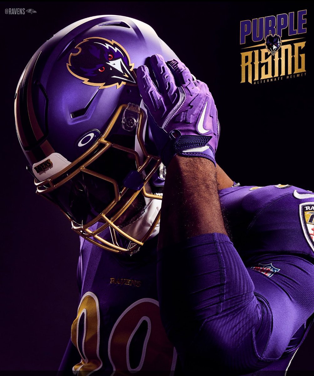 AdamSchefter's tweet photo. Ravens are debuting their “Purple Rising” alternate helmets for tonight’s game vs. the Bengals: https://t.co/pPGvBOD9eX