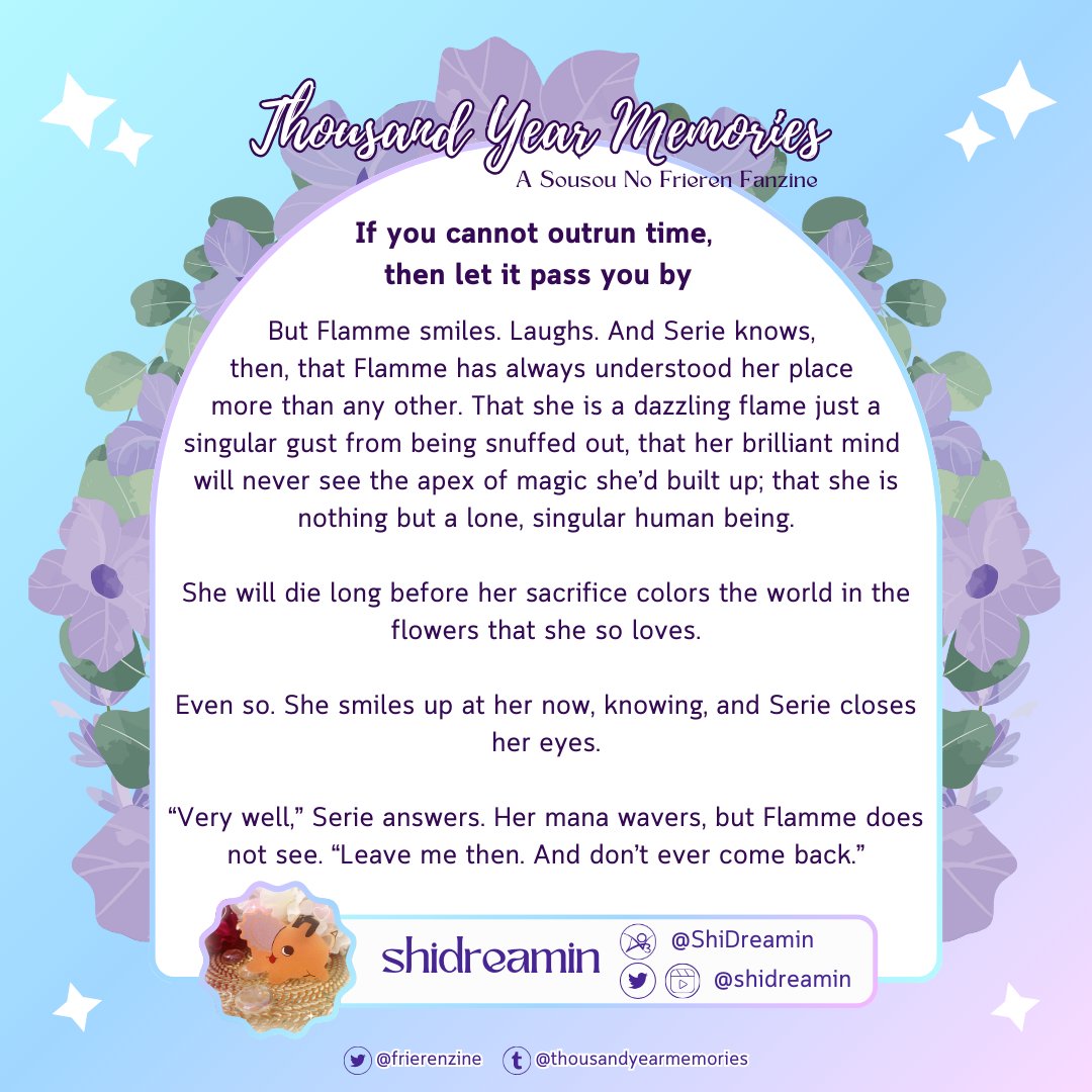 Thousand Year Memories (@ Production) (@frierenzine) on Twitter photo 📖🪻 WRITING PREVIEW
Today, we have not only art, but also a piece of our first fic to show you!
Please give lots of appreciation to <a href="/shidreamin/">Shi 💕 Moving🫶</a> and enjoy this small excerpt from their fic about the greatest of mages through the generations, featuring Flamme and Serie💕 📖🪻 WRITING PREVIEW
Today, we have not only art, but also a piece of our first fic to show you!
Please give lots of appreciation to <a href="/shidreamin/">Shi 💕 Moving🫶</a> and enjoy this small excerpt from their fic about the greatest of mages through the generations, featuring Flamme and Serie💕