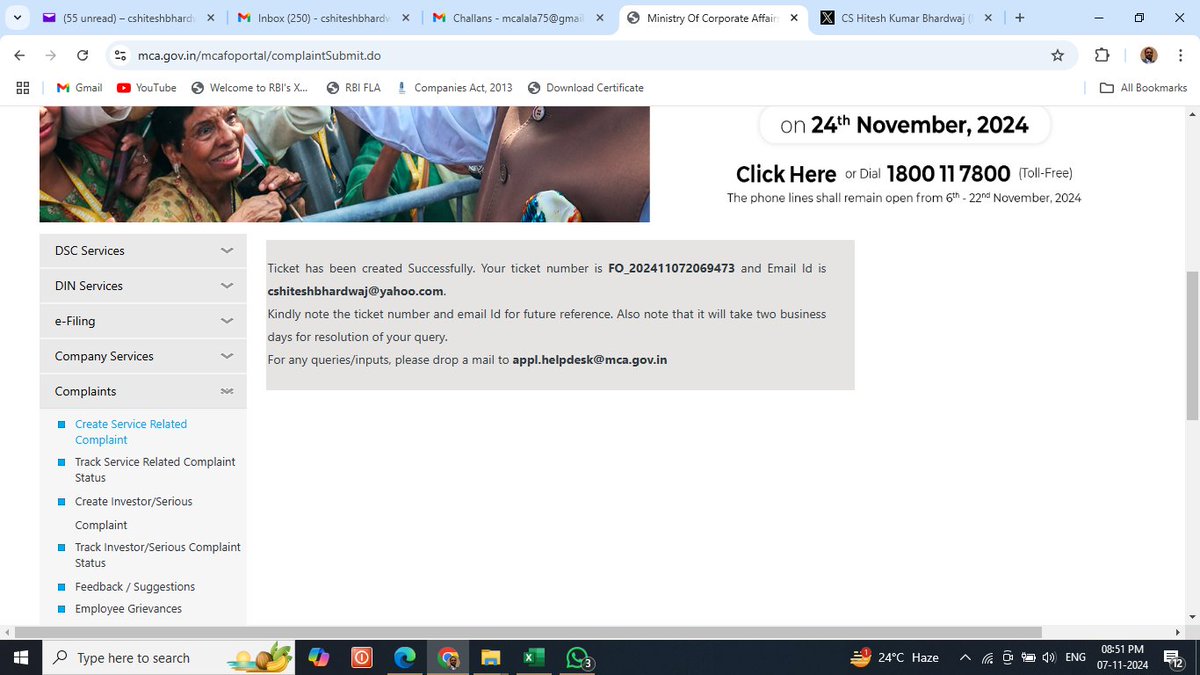 cshkbhardwaj's tweet photo. Dear MCAHelpdesk ticket no. FO_202411072069473 raised. Payment has been deducted from my account but challan not generated till present. @MCA21India @HelpdeskMCA21V3   @PMOIndia @narendramodi @nsitharaman @nsitharamanoffc https://t.co/0QR2rY8S2Y