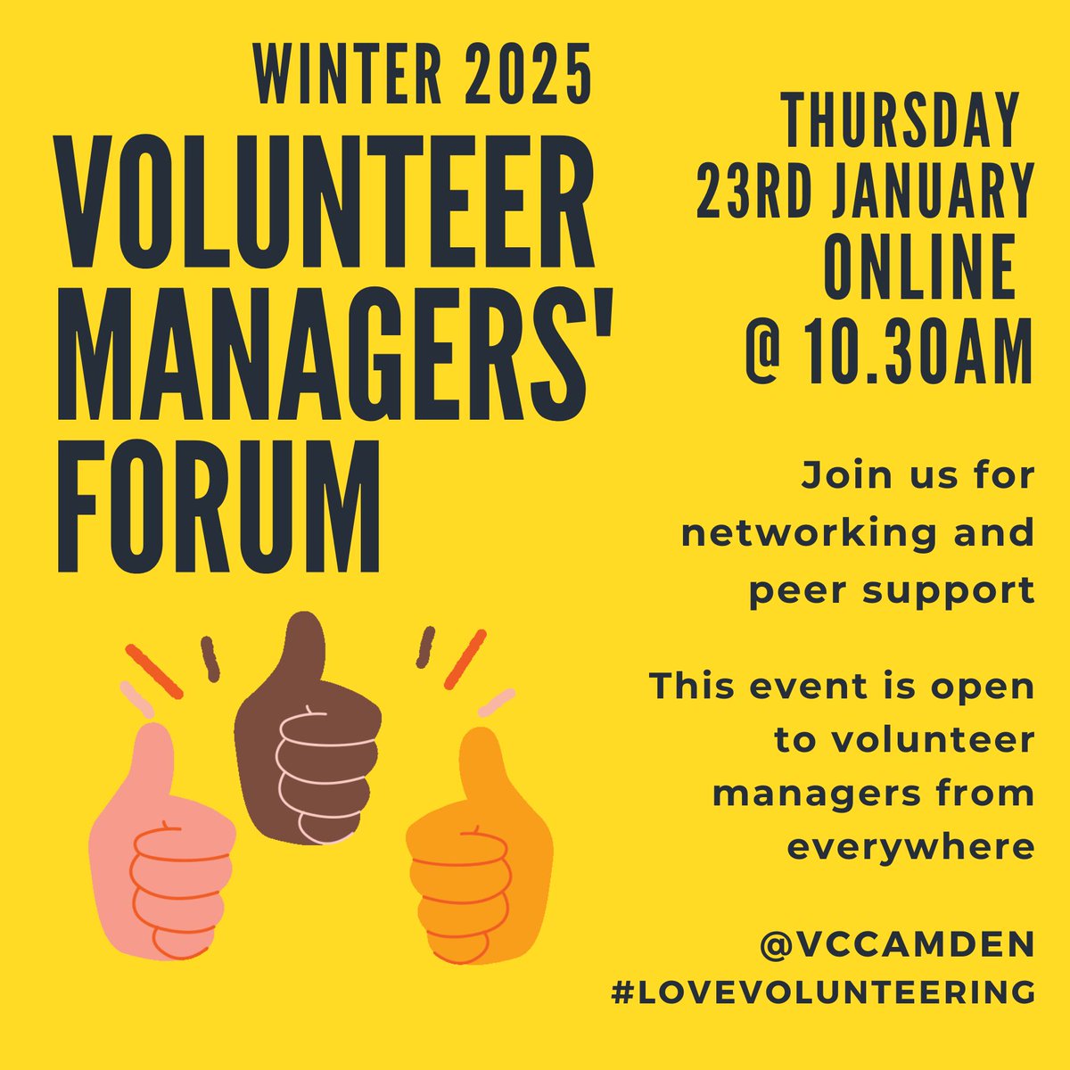 Just announced! Winter 25 Volunteer Managers’ Forum , Thursday 23rd January online @ 10.30am. Head to the link in our bio or buff.ly/3UG8rmc ... Volunteer managers from everywhere are welcome. The more, the merrier! #wemakecamden