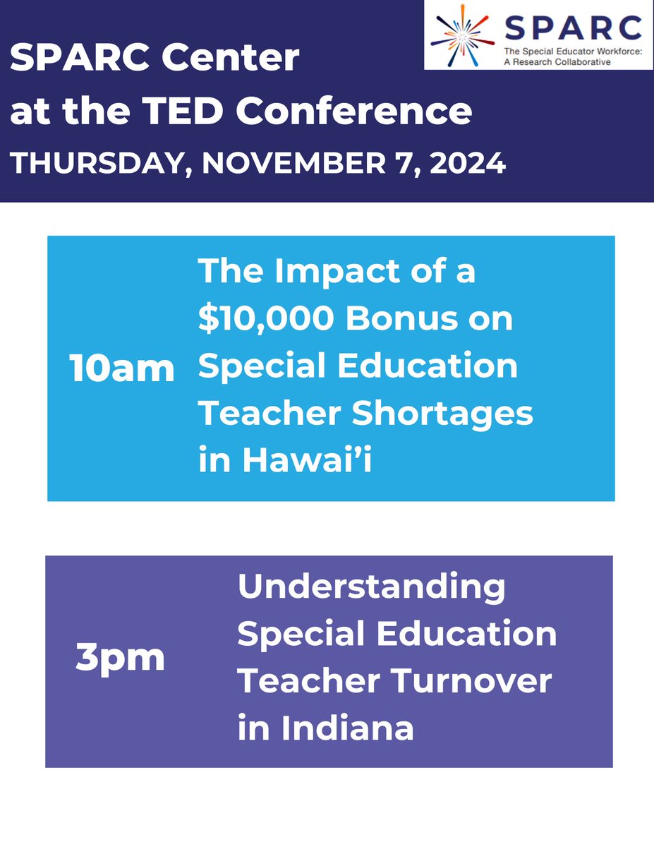 SPARC_Center's tweet image. Today, join @AllisonFGilmour, @lizbeth_bettini, @ch_redding, and @edu_tuan for these two presentations at the Teacher Education Division of the @CECMembership (TED) Conference, both featuring work from SPARC Center partner states. #TEDConference #SPARCCenter