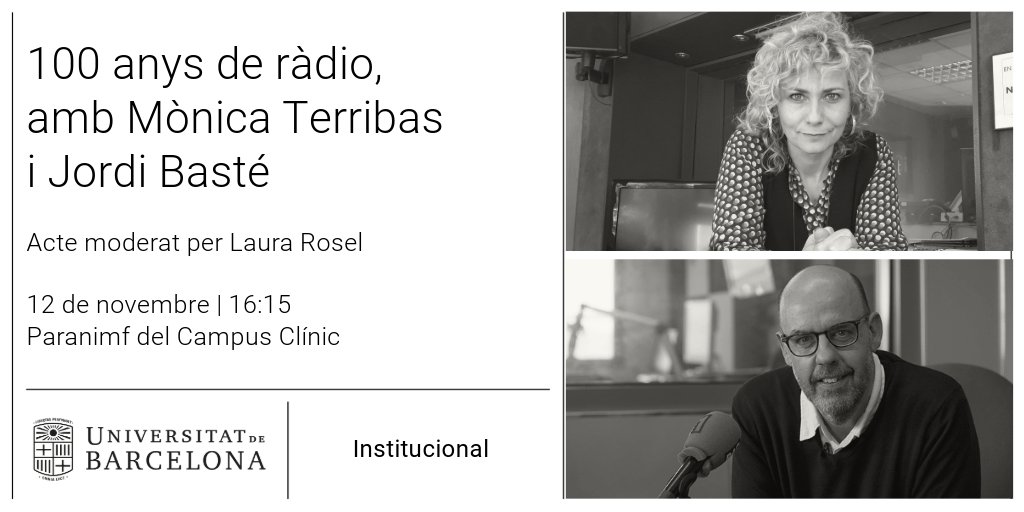 Universitat de Barcelona (@unibarcelona) on Twitter photo #UniBarcelona | 📻 La UB celebra els #100anysràdio de la mà d’algunes de les veus més potents de la radiodifusió a Catalunya
🎙️ <a href="/jordibaste/">Jordi Basté</a> i Mònica Terribas, acompanyats de <a href="/laura_rosel/">Laura Rosel Sola</a>, conversaran sobre aquest mitjà que s’ha adaptat com cap altre als canvis i revolucions de #UniBarcelona | 📻 La UB celebra els #100anysràdio de la mà d’algunes de les veus més potents de la radiodifusió a Catalunya
🎙️ <a href="/jordibaste/">Jordi Basté</a> i Mònica Terribas, acompanyats de <a href="/laura_rosel/">Laura Rosel Sola</a>, conversaran sobre aquest mitjà que s’ha adaptat com cap altre als canvis i revolucions de