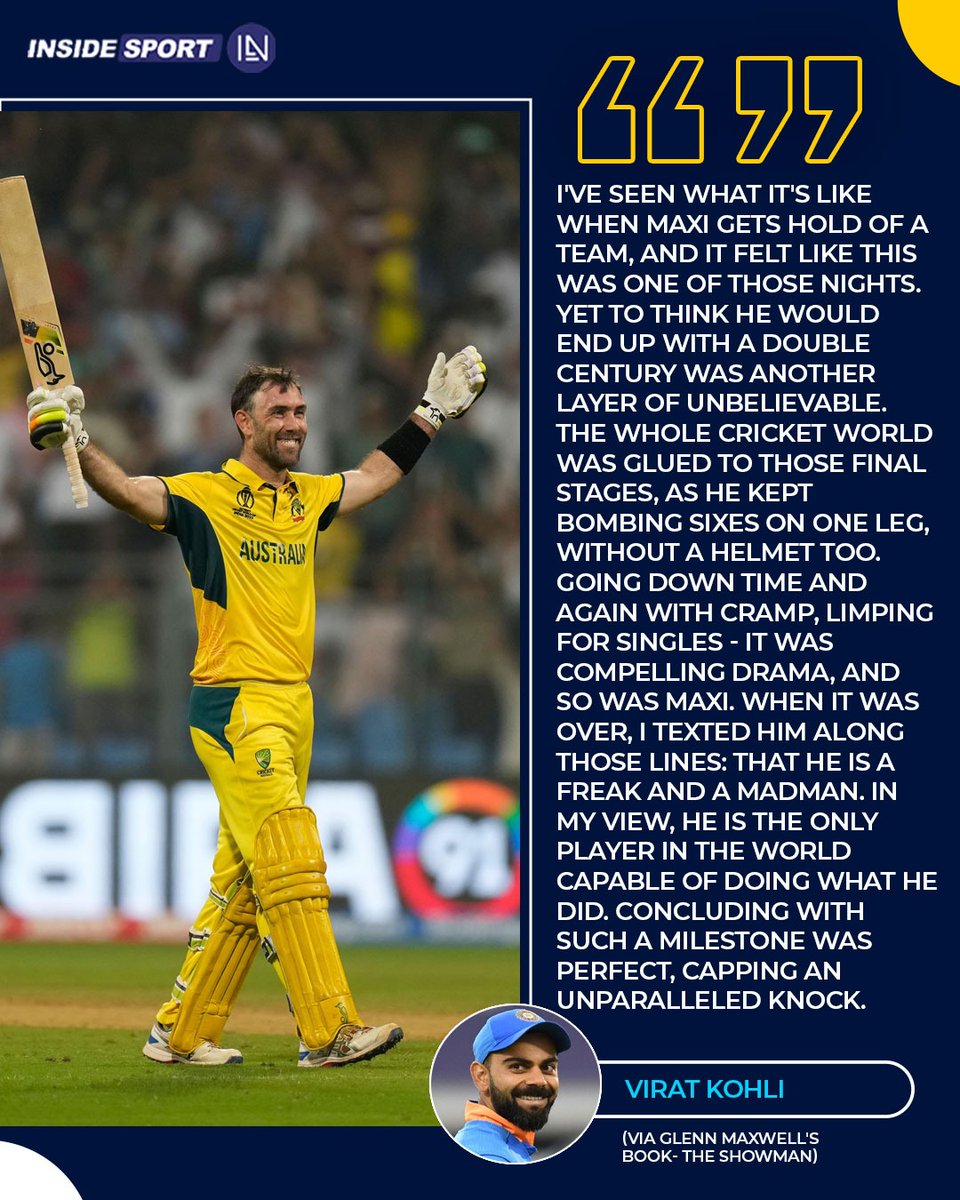 InsideSportIND's tweet image. Virat Kohli's description of Glenn Maxwell's 201* vs Afghanistan in 2023 World Cup 🔥🏏

Freak and Madman 🙌🏻

#ViratKohli #GlennMaxwell #CWC23 #Insidesport #CricketTwitter