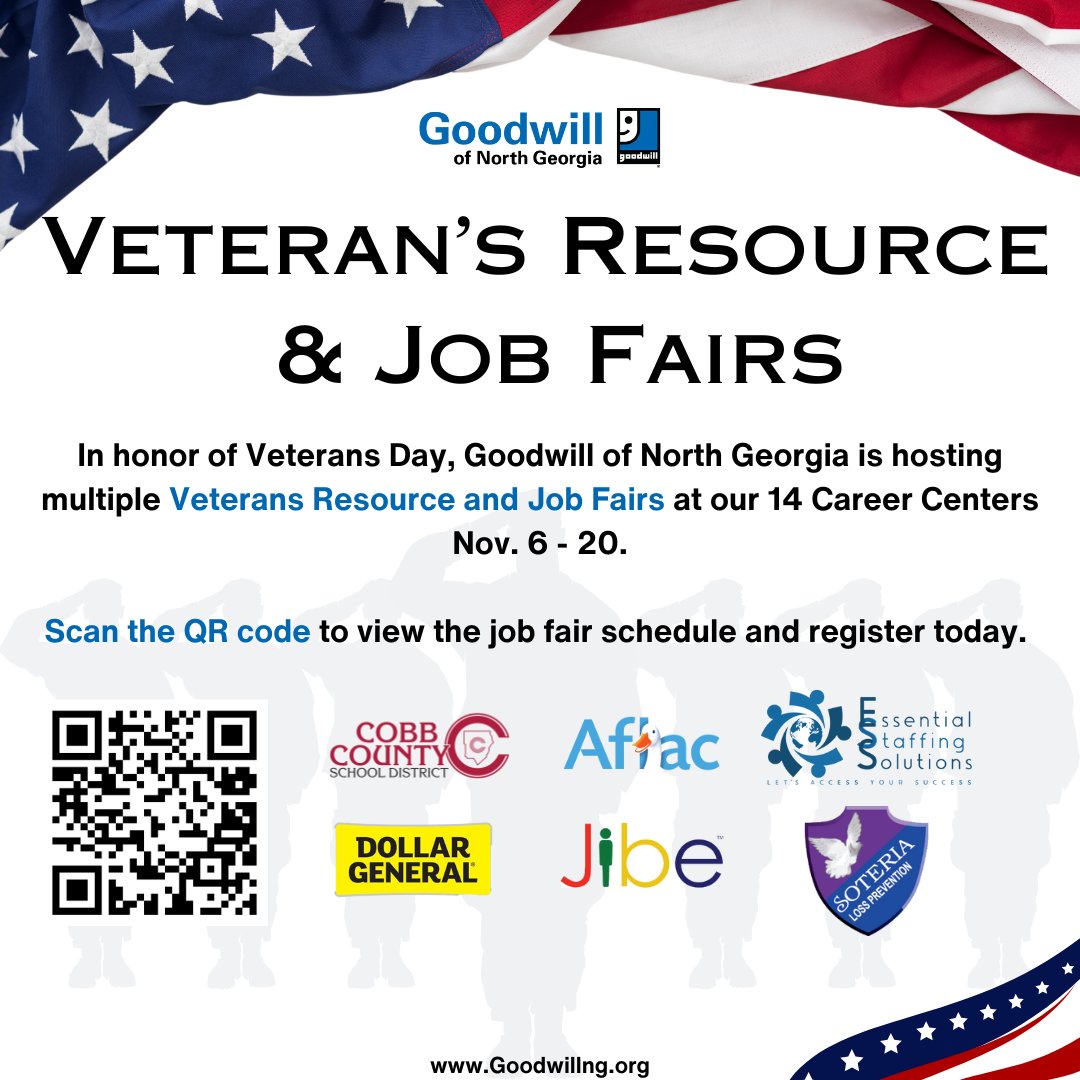 Goodwill of North Georgia is honoring Veterans with our annual Veterans Resource and Job Fairs! We have employers actively looking to hire Veterans. Please scan the QR code for more information. Forward this to someone who is a Veteran. #HonoringVeterans