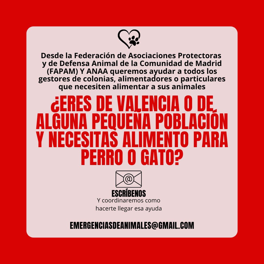 AXLAMADRID's tweet photo. 📢 DIFUSIÓN 📢 

Hay particulares y alimentador@s de colonias a los que no les está llegando la ayuda. 

@fapamadrid y @asociacion_anaa están coordinando con personas de la zona y sus 4x4 para llegar. 

Tienen que escribir a emergenciasdeanimales@gmail.com y decir qué necesitan. https://t.co/024nY6IFMV