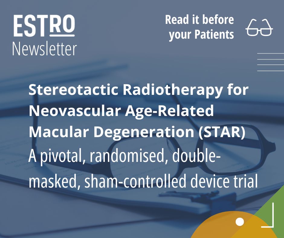 ESTRO (@estro_rt) on Twitter photo #Stereotactic #radiotherapy for neovascular age-related macular degeneration (STAR): a pivotal, randomised, double-masked, sham-controlled device trial, published in <a href="/TheLancet/">The Lancet</a>.
👉 Read it before your patients: bit.ly/3NRZbrz #Stereotactic #radiotherapy for neovascular age-related macular degeneration (STAR): a pivotal, randomised, double-masked, sham-controlled device trial, published in <a href="/TheLancet/">The Lancet</a>.
👉 Read it before your patients: bit.ly/3NRZbrz