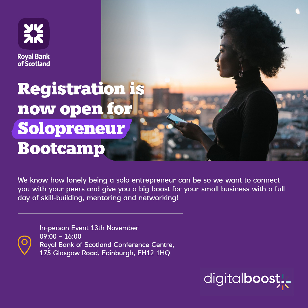 Join us for the Solopreneur Bootcamp with Digital Boost on the 13th November at the RBS Conference Centre in Edinburgh.

Register today and book your free ticket: eventbrite.co.uk/e/digital-boos…