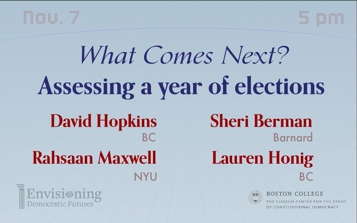 TODAY! 7 PM!

BC’s David Hopkins and Lauren Honig will join Barnard’s Sheri Berman and NYU’s Rahsaan Maxwell to consider what the results mean for the “future of democracy.”

More info: buff.ly/3Umkg0V