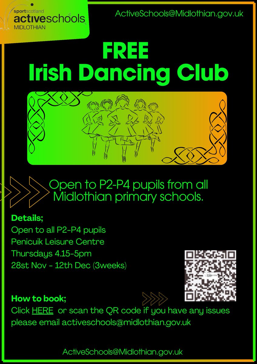 Free Irish Dancing Club for P2-4 at Penicuik Leisure Centre 🎶 
Thursday 28th Nov - Thursday 12th Dec 
4.15-5pm  
Don't miss out and book your space today by following this link; midlothian.legendonlineservices.co.uk/enterprise/pro…
