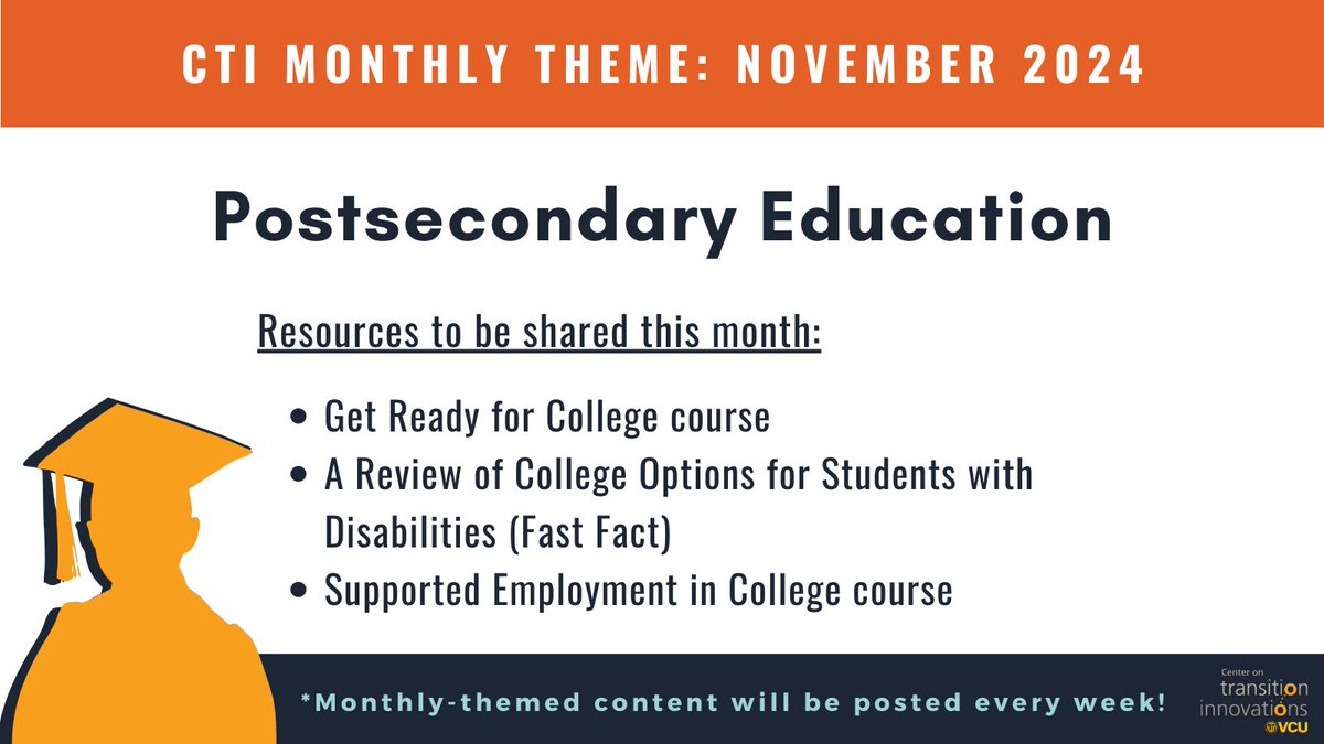 VCU_CTI's tweet photo. It’s college application season, so November is the perfect time to explore Postsecondary Education as a pathway for students with disabilities. 

We will post monthly-themed content on Postsecondary Education every week (except for Thanksgiving week). https://t.co/83kp5mYg3B
