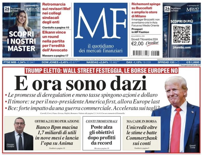 #Trump ha vinto, votato dal basso per frenare l'inflazione, far ripartire l'economia, stoppare l'immigrazione per evitare nuovi poveri, smettere il coinvolgimento USA nelle guerre estere, l'americano medio ci spera, per noi cambia poco, ma se aumenta i dazi soffriremo anche noi