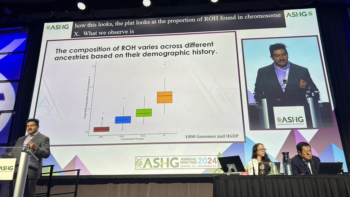 Run_itt's tweet photo. Miguel Guardado @UCSF_Epibiostat, is discussing how to discover rare & diverse #geneticvariants, and ##ROH (run of homozygosity) on X chromosomes in the population-diverse #TOPMed database #ASHG2024 #ASHG24 https://t.co/cI1NO4OYLg