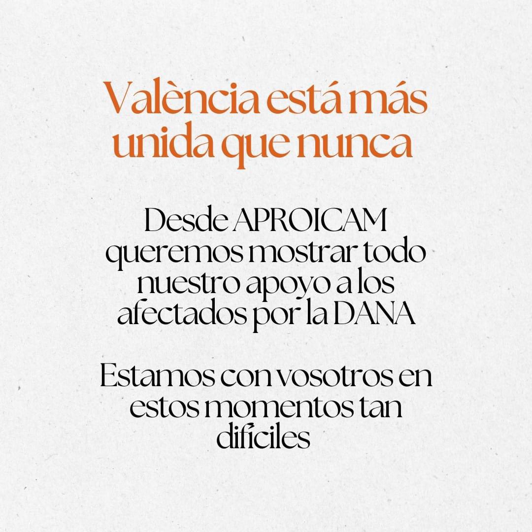 Desde APROICAM queremos enviar nuestras condolencias a todas las víctimas afectadas por la DANA que vivió nuestra ciudad el pasado martes. Nuestro corazón está con todas las familias de las personas fallecidas y desaparecidas a causa de esta tragedia.
#APROICAM #DANAValencia