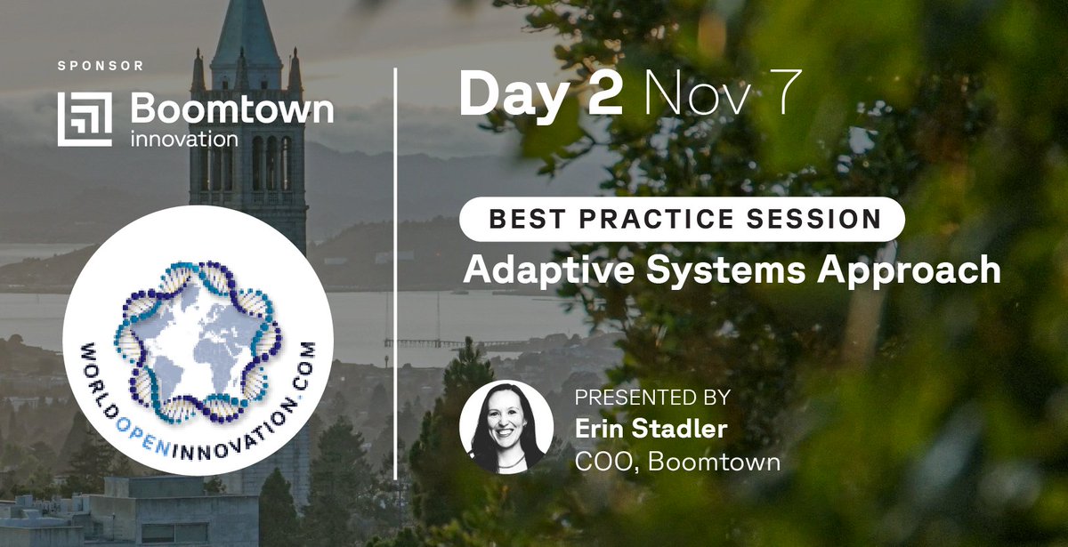 Erin Stadler, COO of Boomtown Innovation, takes the stage today <a href="/WorldOpenInno/">World Open Innovation Community</a> in #Berkeley. She is participating in the Best Practice competition and will show how Boomtown uses an adaptive systems approach to advance innovation and help entrepreneurs thrive. #WOIC2024 #Innovate